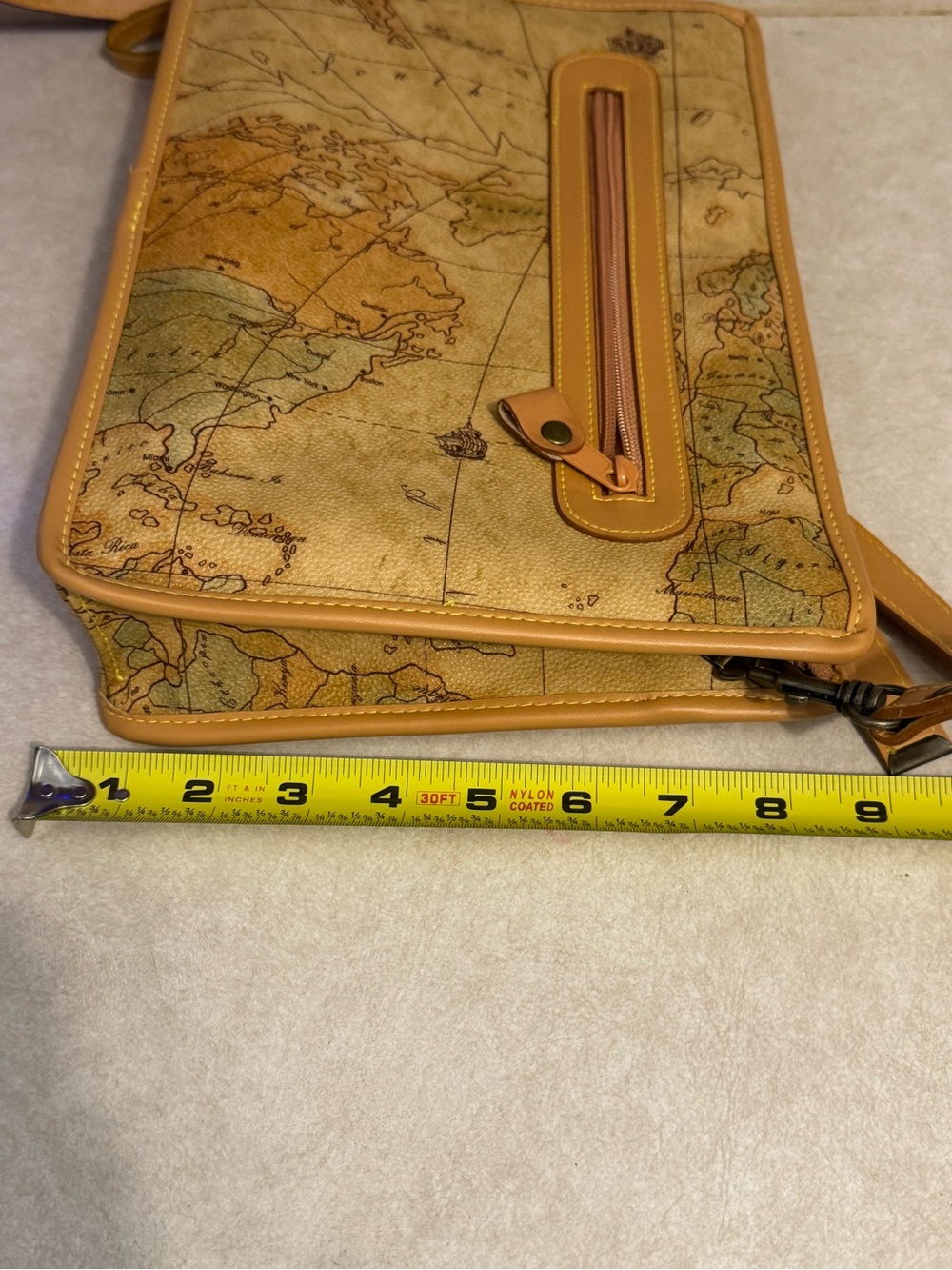 NWOT VTG Allan Edward Tan Map-Print Leather Detachable Crossbody Bag - Picture 4 of 8
